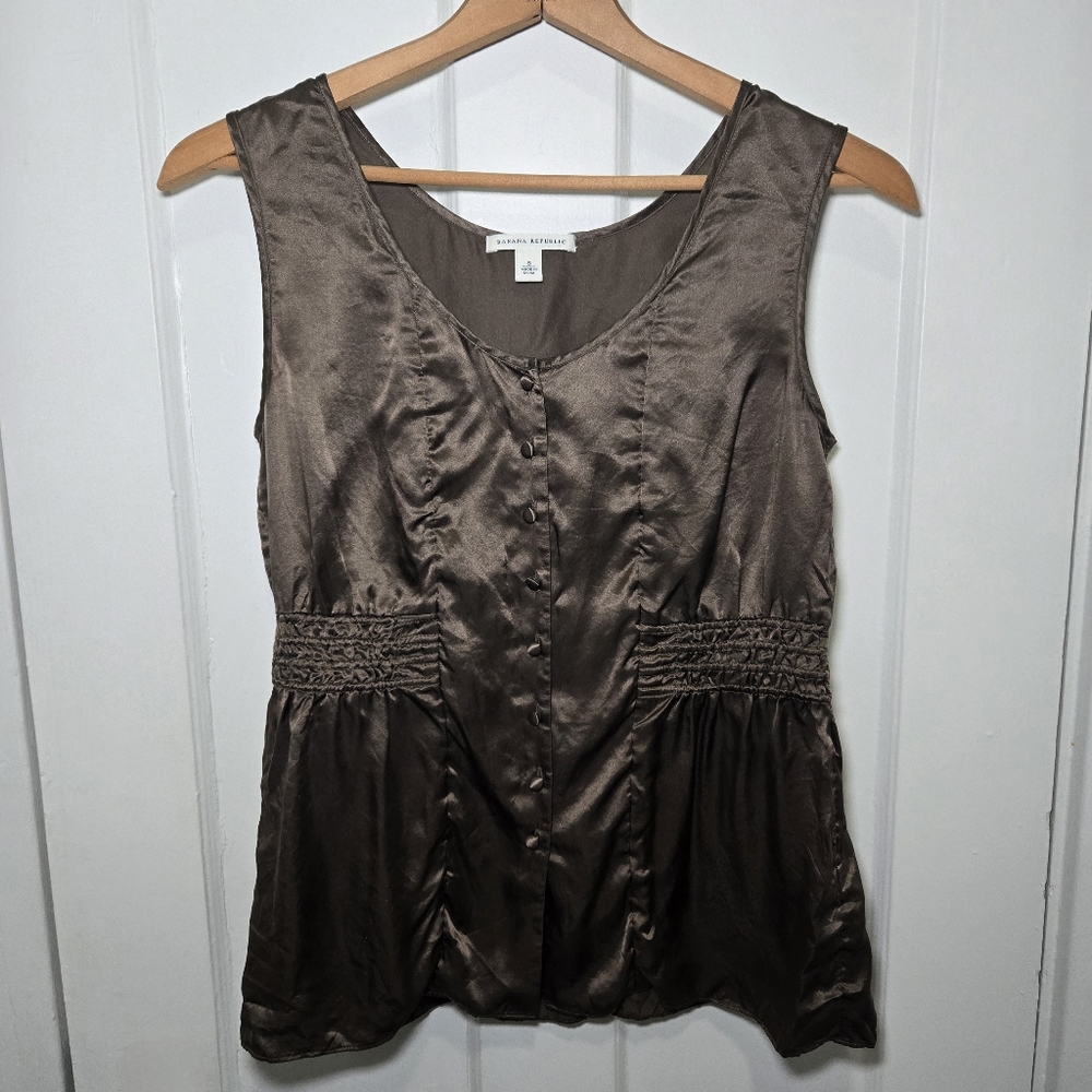Banana Republic 2010 Womens 100% Silk Y2K Babydoll Top Size S Forest Fairy Brown